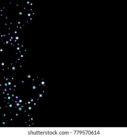 Stars shiny confetti. Scattered little, sparkling, flashing ultra violet, purple glitter elements. Random tiny stellar falling on black background. New Year, Christmas background. Vector illustration.