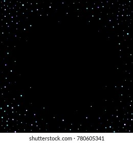 Stars shiny confetti. Scattered little, sparkling, flashing ultra violet, purple glitter elements. Random tiny stellar falling on black background. New Year, Christmas background. Vector illustration.