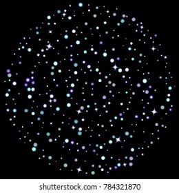 Stars shiny confetti. Scattered little, sparkling, flashing ultra violet, purple glitter elements. Random tiny stellar falling on black background. New Year, Christmas background. Vector illustration.