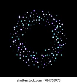Stars shiny confetti. Scattered little, sparkling, flashing ultra violet, purple glitter elements. Random tiny stellar falling on black background. New Year, Christmas background. Vector illustration.