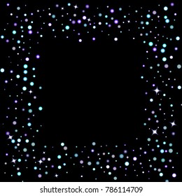 Stars shiny confetti. Scattered little, sparkling, flashing ultra violet, purple glitter elements. Random tiny stellar falling on black background. New Year, Christmas background. Vector illustration.