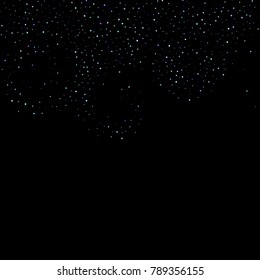 Stars shiny confetti. Scattered little, sparkling, flashing ultra violet, purple glitter elements. Random tiny stellar falling on black background. New Year, Christmas background. Vector illustration.