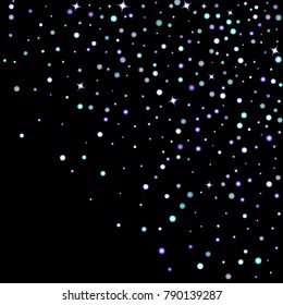 Stars shiny confetti. Scattered little, sparkling, flashing ultra violet, purple glitter elements. Random tiny stellar falling on black background. New Year, Christmas background. Vector illustration.