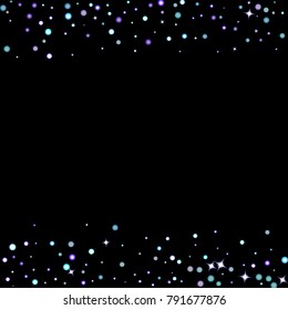 Stars shiny confetti. Scattered little, sparkling, flashing ultra violet, purple glitter elements. Random tiny stellar falling on black background. New Year, Christmas background. Vector illustration.