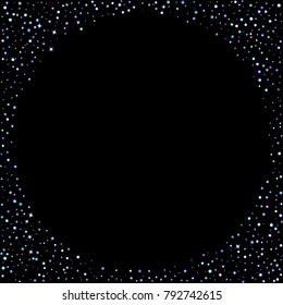 Stars shiny confetti. Scattered little, sparkling, flashing ultra violet, purple glitter elements. Random tiny stellar falling on black background. New Year, Christmas background. Vector illustration.