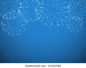 Stars And Shiny Fireworks On Blue Background, Illustration.