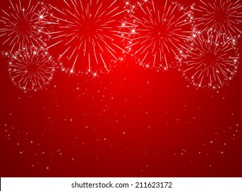 Stars And Shiny Fireworks On Red Background, Illustration.