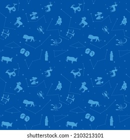 stars and silhouettes of Zodiac animals - blue vector seamless pattern for textile, wallpapers, fabric, covers, wrapping paper