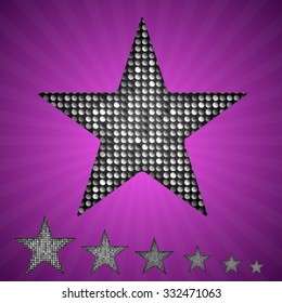 Stars with silver sequins, glitters, sparkles, paillettes. Disco, party, music elements with shiny sequins. Silver star of dots glitter texture. Metallic glowing. Bright Christmas element.
