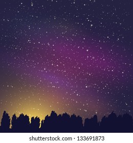 Stars in the sky at night over the trees vector background