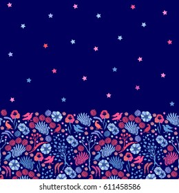 Stars in the sky. Trendy border with different floral elements.