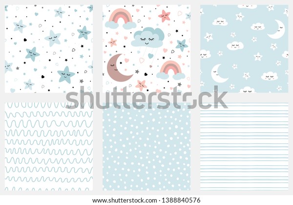 Stars smiling clouds moon kids repeate\
background Set of background patterns in pale blue Striped design\
Baby Shower, Birthday scrapbook greeting cards gift wrap surface\
textures Vector\
illustratiion.