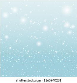 Stars and snowfall in light blue day sky. Vector background illustration