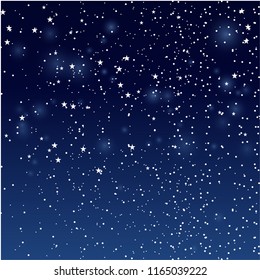 Stars and snowfall in night sky. Vector winter background illustration