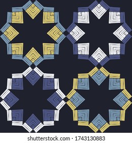 Estrellas y copos de nieve. El arte es un patrón impecable. Diseño étnico. Motivo popular. Fondo geométrico vectorial. Se puede usar para medios sociales, afiches, correo electrónico, impresos, diseños de anuncios.