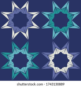 Estrellas y copos de nieve. El arte es un patrón impecable. Diseño étnico. Motivo popular. Fondo geométrico vectorial. Se puede usar para medios sociales, afiches, correo electrónico, impresos, diseños de anuncios.