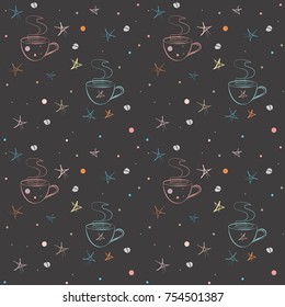 Stars, snowflakes, dots and coffee cup on dark background. Useful for winter theme wallpaper, backdrop, cover, seamless pattern, fabric, wrapping paper, card.