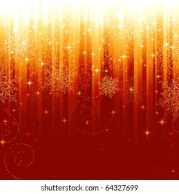 Stars and snowflakes on red golden striped background. Festive pattern great for festive or christmas themes.