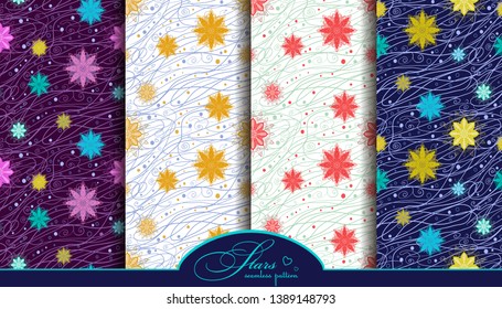 Stars, snowflakes - seamless pattern. Set of prints collection. Vector pattern for printing on fabric, wrapping paper, wallpaper. Flower ornament for decoration. Winter night background for pillows