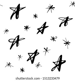 Estrellas y copos de nieve sin fisuras en el patrón invernal. Estilo caligráfico blanco y negro para el envoltorio de año nuevo
