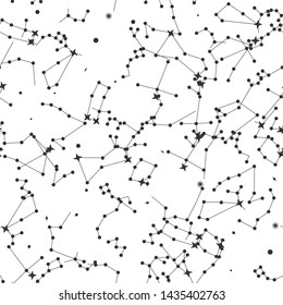 Stars/ space/ cosmic/ zodiacal/ universe black thin line elements pattern. Vector seamless stellar constellation white background.  Astronomy/ Astrology objects. For fabric, textile, banner, design.