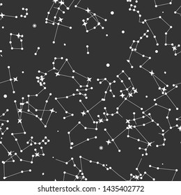 Stars/ space/ cosmic/ zodiacal/ universe white thin line elements pattern. Vector seamless stellar constellation black background.  Astronomy/ Astrology objects. For fabric, textile, banner, design.