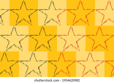 Stars space geometric seamless pattern, scribble line star shapes cut off, square grid in yellow color. Modern bright illustration, black or red background easy to change, vector