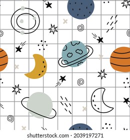 Stars and space seamless pattern on square grid background hand-drawn design in cartoon style Used for printing, wallpaper, decoration, textiles. vector illustration