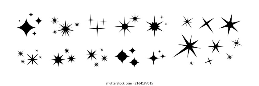 Stars sparkle compositions. Shine black stars stencil, isolated diverse sparkling elements. Sky objects, blink vector signs clipart