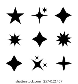 Stars sparkle with hues of , gold, and even hints. Shining twinkle sunburst stars sparkle shape. Stars icon Collection. Glowing light effect, y2k style basic shapes geometric graphic vector.