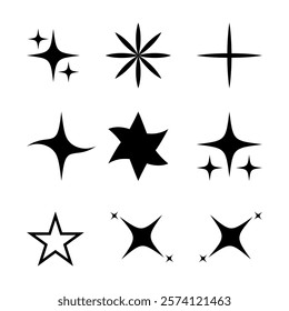 Stars sparkle with hues of , gold, and even hints. Shining twinkle sunburst stars sparkle shape. Stars icon Collection. Glowing light effect, y2k style basic shapes geometric graphic vector.