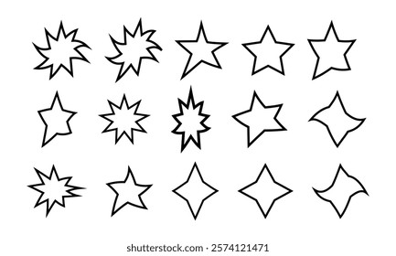 Stars sparkle with hues of , gold, and even hints. Shining twinkle sunburst stars sparkle shape. Stars icon Collection. Glowing light effect, y2k style basic shapes geometric graphic vector.