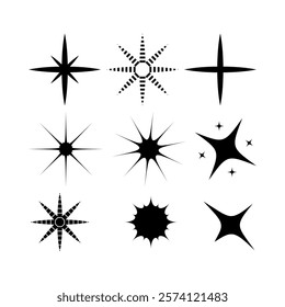 Stars sparkle with hues of , gold, and even hints. Shining twinkle sunburst stars sparkle shape. Stars icon Collection. Glowing light effect, y2k style basic shapes geometric graphic vector.