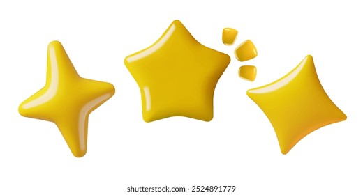 Ícones 3d de estrelas e faíscas definidos. Diferentes 5 e 4 pontas amarelo brilhante estrela de plástico formas. 