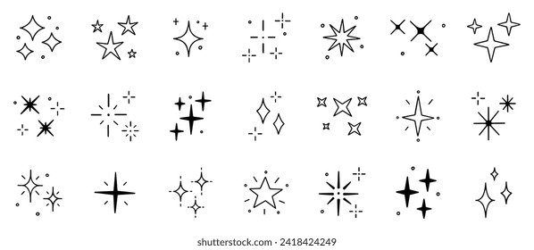 Stars and sparkles doodle set. Twinkle, blink, firework, glitter silhouette and glowing symbols in sketch style. Hand drawn vector illustration isolated on white background