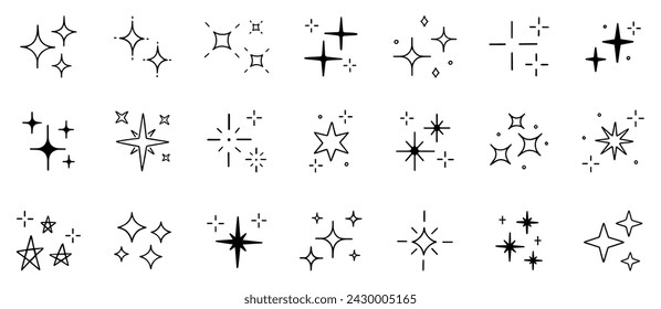 Juego de garabatos de estrellas y chispas. Twinkle, parpadeo, fuegos artificiales, silueta brillante y símbolos brillantes en estilo boceto. Dibujado a mano ilustración vectorial aislado sobre fondo blanco