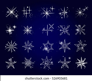 Stars and sparkles icons on dark blue background. Vector illustration