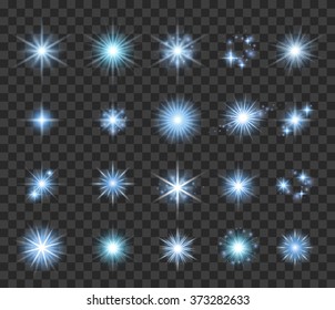 Stars and sparkles set vector illustration on transparent background. Light effects burst sparks glow collection.
