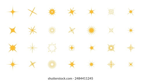 Stars Sparkles sign symbol big set. Yellow golden color. Decoration twinkle sparkle element. Cute shape collection. Shining effect. Flat design. White background. Isolated. Vector illustration