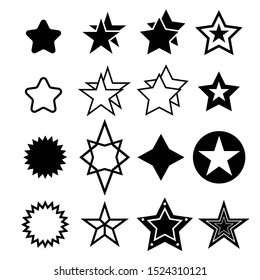 

Stars Sparkles sign symbol set. Cute shape collection. Simple pictograms pack. Different stars black silhouettes, christmas sparkle geometric symbols 