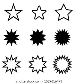 Stars Sparkles sign symbol set. Cute shape collection. Simple pictograms pack. Different stars black silhouettes, christmas sparkle geometric symbols and sheriff star