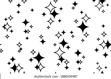 Estrellas y chispas. Resumen de un patrón impecable. Fondo estelar para el embalaje, el diseño de papel textil y de envoltura. Plantilla para fondo festivo, brillante y brillante. Silueta negra. Aislado. Vector