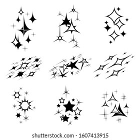 Stars and sparks. Icons set  sparkling stars and shiny sparks. Fireworks lighting effects, bright flashes and explosions. Flickering star particles. Black silhouette. Isolation. Vector illustration