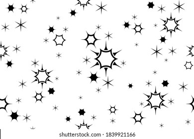  Stars and sparks. Seamless pattern. Starry background for packaging, textile and wrapping paper design. Template for festive, sparkling, shiny background. Black silhouette. Isolated. Vector 