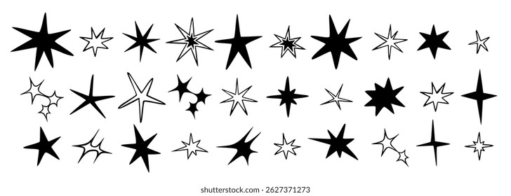 Estrelas, faíscas e pontas, preto e branco abstrato rabiscar estilo definido. Moda moderna ilustração vetorial isolado no fundo branco, desenhado à mão