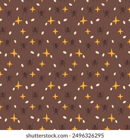 Stars and spiders seamless pattern. Dark Halloween endless background. Simple mystery festive repeat cover. Vector hand drawn illustration.