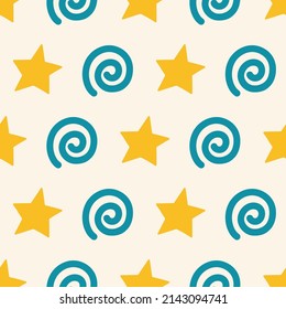 Stars and spirals simple geometric seamless pattern. Vector for fabric, wrapping paper, packaging.