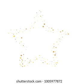 Stars, sprocket, rings, shiny confetti. Scattered little gold, yellow, glitter elements. Random stellar falling on white background. New Year and Christmas background. Vector illustration.