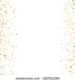 Stars, sprocket, rings, shiny confetti. Scattered little gold, yellow, glitter elements. Random stellar falling on white background. New Year and Christmas background. Vector illustration.