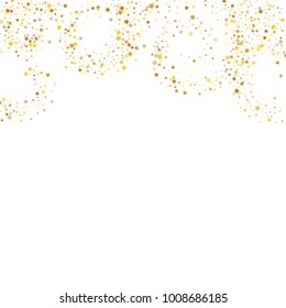 Stars, sprocket, rings, shiny confetti. Scattered little gold, yellow, glitter elements. Random stellar falling on white background. New Year and Christmas background. Vector illustration.